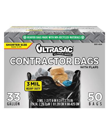 Ultrasac - 891454 UltraSac Contractor Trash Bags - (50 Pack/w Ties) - Heavy Duty 3 MIL Thick, 39' x 32', Shorter 33 Gallon Black Version - for Industrial, Commercial, Professional, Construction, Lawn, Leaf, and More