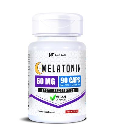 Healthfare Melatonin 60mg | 90 Veg Capsules | High-Strength Formula | Vegetarian Non-GMO Gluten-Free | Made in The USA 1