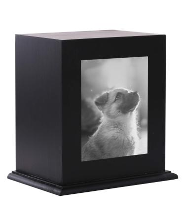 BRKURLEG Pet Wood Memorial Urn for Ashes,Photo Frame Keepsake Box for Cats Dogs,Funerary Caskets Supplies Burly Wood Cremation Urns with Acrylic Glass Photo Protector for Pet Lovers Black