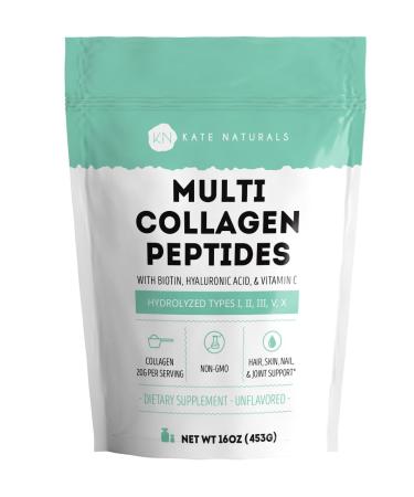 Kate Naturals Multi Collagen Peptides with Biotin Hyaluronic Acid & Vitamin C (16oz Hydrolyzed Unflavored) Types I II III V X Collagen for Hair Skin Nails & Joints
