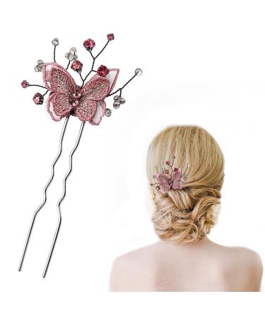 Derbway 3D Butterfly Hairpin Bridal U-shaped Vintage Hair Stick for Wedding Prom Headpiece