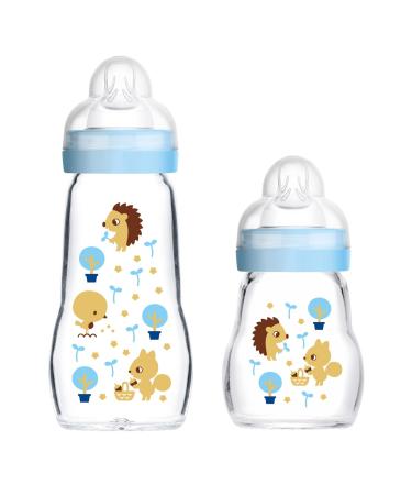 MAM Baby Glass Bottles 2 Pack Feel Good from Birth 170 ml & 260ml Glass Feeding Baby Bottle blue