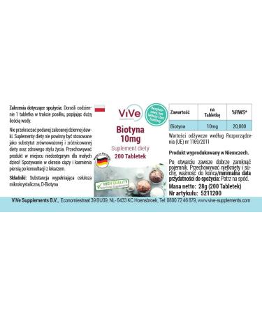 Biotine 10mg - 200 comprim s - D-Biotine - Dosage lev - Biodisponible - Qualit allemande - ViVe Supplements - Buy Online on GoSupps.com