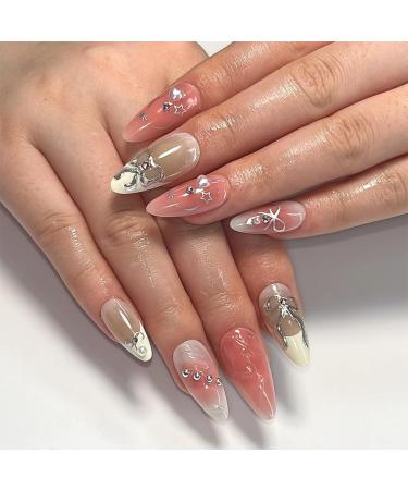 Ruarby Acrylic Press on Nail Almond Fake Nail Bowknot Glues on Nail False Nail Rhinestones Stick on Nail for Women Girls - Buy Online on GoSupps.com