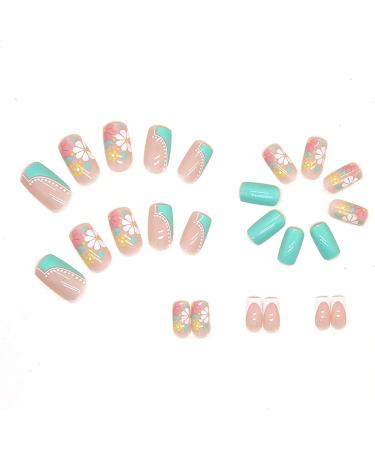 24pcs Square French Tip Short Stick on Nails with Flowers - White Green Press on Nails | Removable Glue-on Full Cover Fake Nails for Women and Girls - Buy Online on GoSupps.com