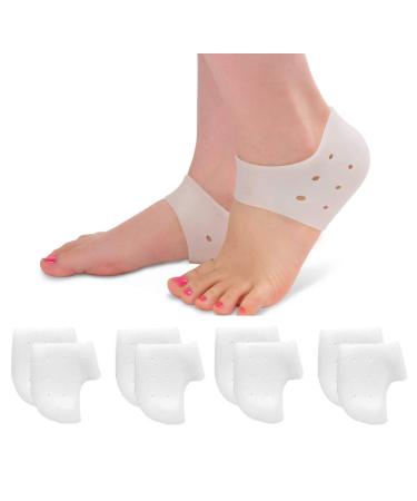 4 Pairs Heel Cups for Heel Pain  Plantar Fasciitis Inserts  Silicone Heel Protectors for Men & Women  Moisturizing Socks for Dry Cracked Heels (White)