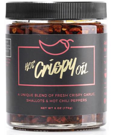 Hot Crispy Oil Original: Spicy, Savory Gourmet Extra Virgin Olive Oil Infused with Garlic, Shallots, and Chili Peppers, All Natural Vegan Gluten Free 6 ounce jar. Great on pizza, pasta, bread, eggs, salads and much more.