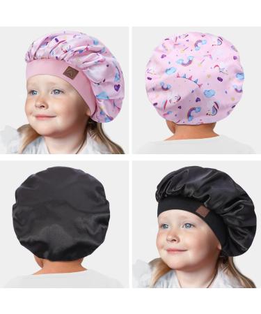 Kids Satin Sleep Cap 2 Pack - Unicorn & Black | Adjustable Silk Hair Bonnet for Babies & Toddlers with Curly Hair - Buy Online on GoSupps.com