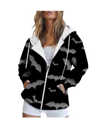 Halloween Costumes Printed Hooded Pull Out Zipper Pocket Jacket Oversized Single Breasted Coat Medium Black