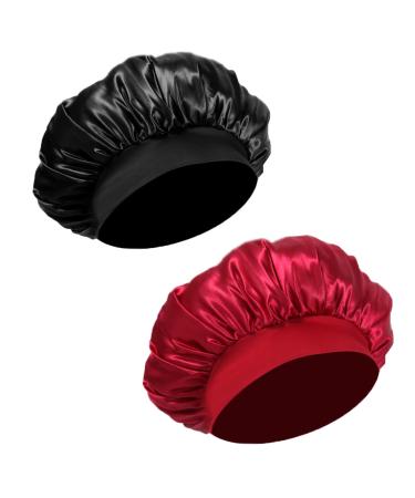 2Pcs Silk Bonnet  Satin Bonnets for Sleeping  Silk Hair Wrap for Curly Hair  Silk Sleep Cap with Soft Elastic Band (Black Wine Red)