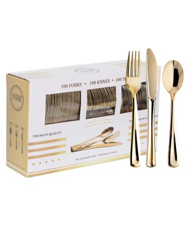 N9R 300PCS Gold Plastic Silverware - Gold Plastic Cutlery Set Disposable Flatware Dinnerware -100 Gold Forks, 100 Gold Spoons, 100 Gold Knives for Party, Birthday, Wedding Gold Utensils