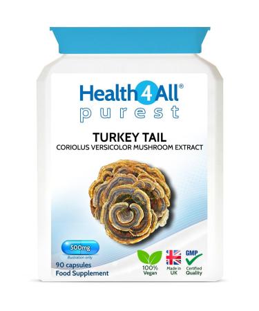 Health4All Turkey Mushroom Extract 500mg 90 Capsules 30% PSK/PSP Beta Glucans 100% Fruiting Bodies Hot Water Extract No additives Vegan