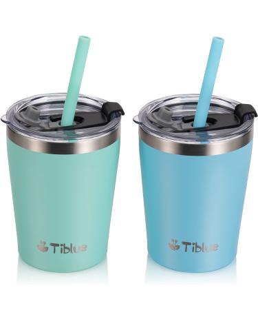 Tiblue Kids & Toddler Cup - Stainless Steel Water Bottle Spill Proof Insulated Tumbler with Leak Proof Lid & Silicone Straw with Stopper - BPA FREE Smoothie Baby Drinking Cup (2 Pack 8oz Blue+Green) 2 8oz Blue+Green
