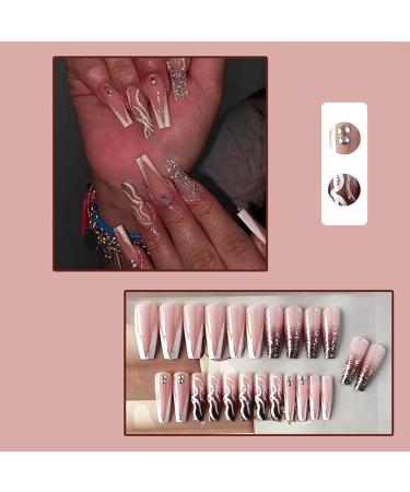 YoYoee Bling Luxury Long Coffin Press on Nails - 24PCS French False Nails for Women and Girls - Buy Online on GoSupps.com