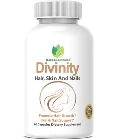 Divinity Hair Skin and Nails 60 Capsules 5000 mcg Biotin P-amino Benzoic Acid Horsetail extract Fo-Ti Bamboo extract Stinging Nettle Chinese Peony Spirulina Saw palmetto