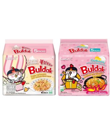 Buldak Ramen Carbonara Samyang Noodles Pack: Cream Carbonara (5x140g) And Hot Spicy Carbonara (5x130g) - In BoomQQ Packaging