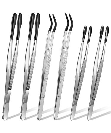 Doumneou 6 Pieces Rubber PVC Tweezers Stainless Steel Tips Tweezers for Hobby Industry Hobby Craft (Black)