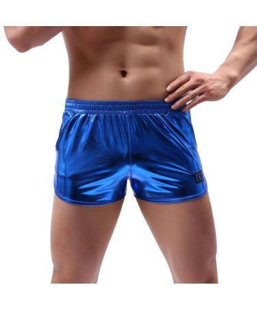 Duohropke men's shine metallic shorts hot pants leather optics boxer shorts trunks glitter beach swimming shorts sport gym jogger short trousers s blue