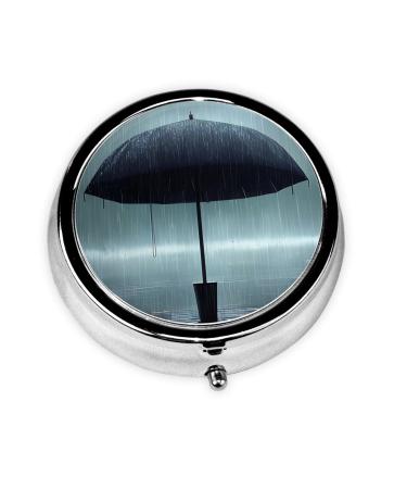 Black Umbrella in The Rainround Pill Box 3 Compartment Round Pill Box Organizer * Portable Travel Pill Box for Traveling.