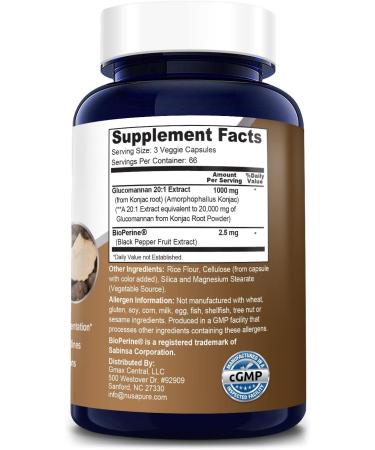 NusaPure Glucomannan 20,000mg 200 Vcaps - 20:1 Extract with BioPerine - Non-GMO & Gluten Free - Buy Online on GoSupps.com