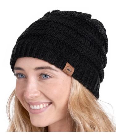 Tough Headwear Womens Beanie Winter Hat - Warm Chunky Cable Knit Hats - Soft Stretch Thick Cute Knitted Cap for Cold Weather Black