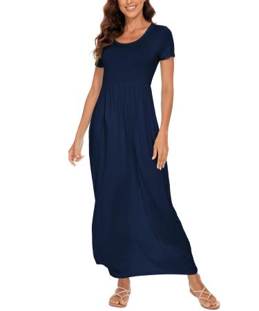 YUNDAI Womens Maxi Dress Summer Maternity Casual Short Sleeve Floral Loose Long Dresses Plus Size Ladies Dress with Pocket 03-Short Sleeve XL B03 Navy