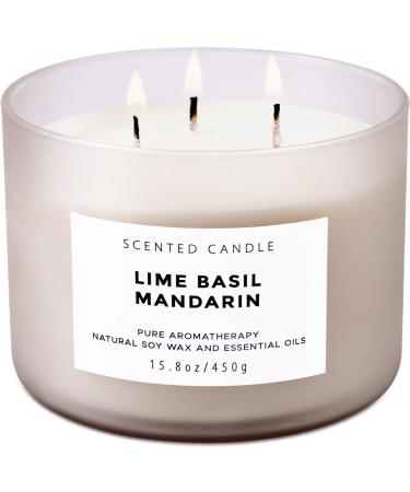 Lime Basil Mandarin 3 Wick Scented Candle | Fresh Scented Candle with Unisex Fragrance | Large Relaxing Aromatherapy Candle 15.8 oz | Natural Soy Candle for Home | Clean Burning Candle for Men & Women