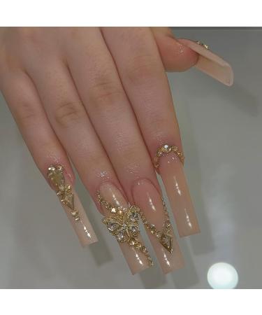 Press on Nails Long Coffin Fake Nails with 3D butterfly Gold Rhinestones Gentle style Designs Champagne warm color Artificial Acrylic False Nails with Stick Glue for Women -24pcs Long 22 style