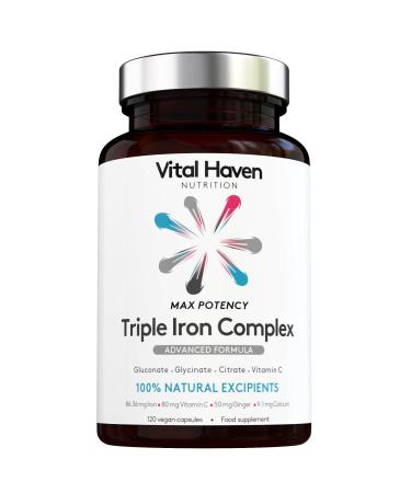 Complex Triple Action Formula - Iron Glycinate + Iron Citrate + Iron Gluconate and Non-Acid Vitamin C with Ginger for Maximum Absorption - Max Potency - Premium Ingredients - Vegan - Made in The UK