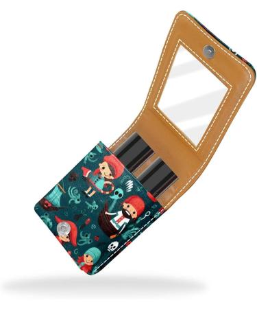 Shop Cartoon Pirate Ocean Theme Leather Lipstick Case - Mini Lip Gloss Organizer with Mirror | International Shipping Available - Buy Online on GoSupps.com