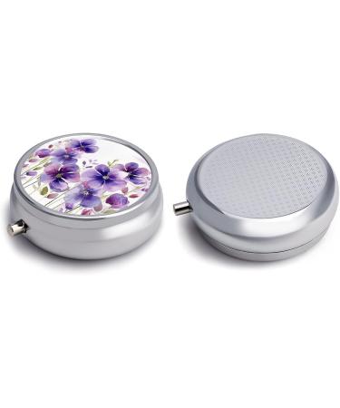 Round Purple Flowers Print Pill Box | 3 Compartment Portable Medicine Organizer | Decorative Metal Pill Case for Travel - Buy Online on GoSupps.com