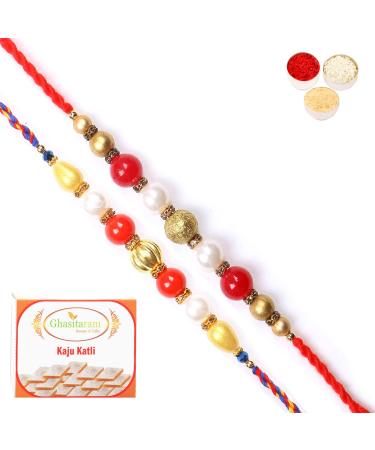 Ghasitaram Gifts Rakhi for Brother Rakhis Online - Set of 2 7615 7622 Pearl Rakhis with 200 GMS of Kaju katli