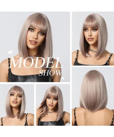 OUFEI Ash Blonde Bob Wig with Bangs | Short Straight Synthetic Hair Wig for Women - Perfect for Daily Wear, Parties, and Cosplay (1123-1) - Buy Online on GoSupps.com