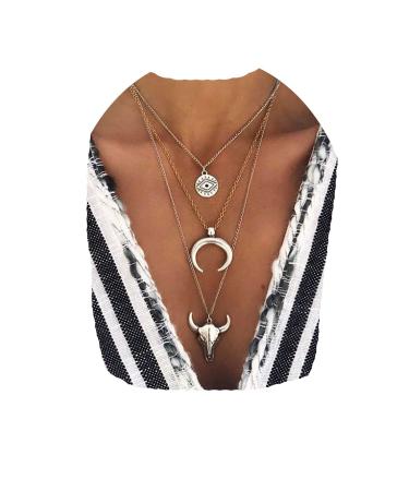 Boho Layered Moon Necklace Silver Compass Disc Pendant Necklace Chain Cow Evil Eye Charm Necklace Jewelry for Women