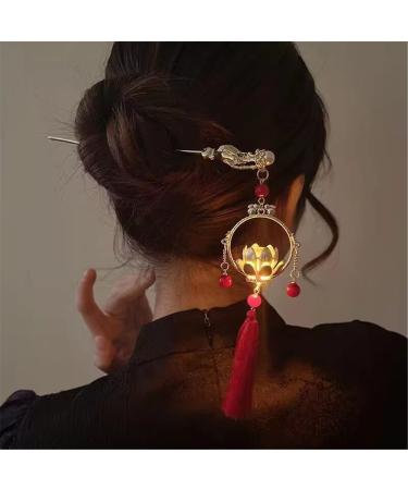 Chinese Hair Accessories Hair Stick Lantern Light Tassel Hairpins Coiled Hair Vintage Hair Bun Hair Pin for Women Red