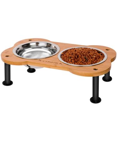 Elevated Dog Cat Bowls, Unique Bone Shape Bamboo Raised Dog Bowl Stand with 2 Stainless Steel Bowls, Anti-Slip for Pets Puppy Small Dogs Cats Food Water Bowls Small Dog Bowls