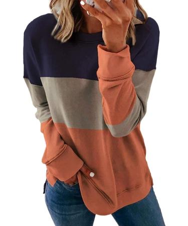 Women's Fall Fashion 2022 Casual Crewneck T-Shirt | Long Sleeve Striped Shirt | Blue Color Block Sweatshirt - Large - Buy Online on GoSupps.com
