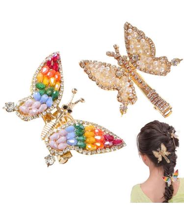 KuuGuu 2 PCS Butterfly Hair Clips Gold Pearl Hair Barrettes Crystal Butterfly Metal Alligator Hair Clip Moving Butterfly Hair Clips
