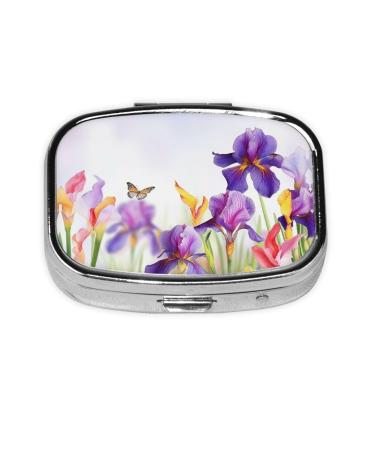 Iris Flower Butterfly Printing 2 Compartment Small Pill Case Cute Small Pill Box Purse Pill Boxs Travel Pill Organizer for Pocket Purse and Travel Gifts