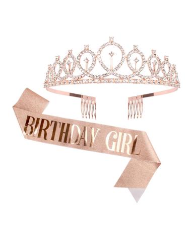 CIEHER Crowns for Women Birthday Girl Sash & Rhinestone Tiara Kit Birthday Girl Crown Birthday Crowns for Women  Birthday Tiara for Girls Rose Gold Tiara Crown Royal Gifts Rose Gold1