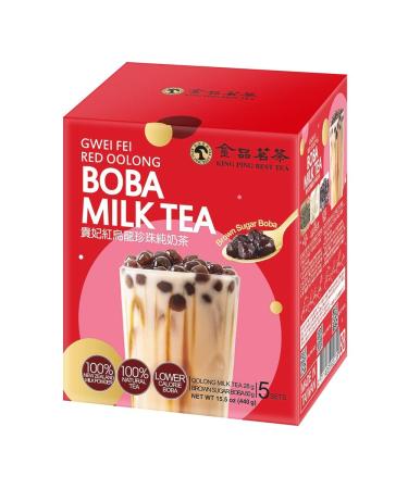 King Ping Best Tea - Boba Oolong Tea Kit with Low-Calorie Brown Sugar Boba Jelly Pearls (Konjac), 5 Individual Boba Packets & 5 Red Oolong Tea Powder Packets, DIY Tea Kit (5 Servings, 15.5 Oz) Brown Sugar 5 Serving