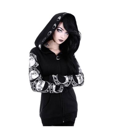Women Punk Gothic Hoodie Long Sleeve Ring Front Eyelet Zip-up Vintage Goth Hooded Sweatshirt Jacket Oversized Coat Black#01 4X-Large