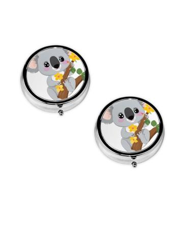 (Green Leaf Koala) Round Pill Box 3 Compartment Pill Box Mini Decorative Pocket Purse Portable Travel Medicine Tablet Vitamin Holder Organizer Pill Case