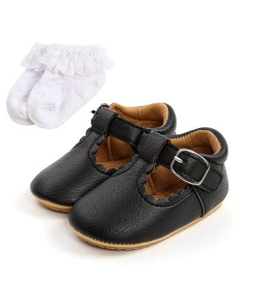 Baby Anti-Slip First Walking Shoes Baby Boys Girls Princess Soft Sole Toddler Shoes Sneakers Infant PU Leather Prewalkers for 0-18 Months with Sock 0-6 Months Narrow Black