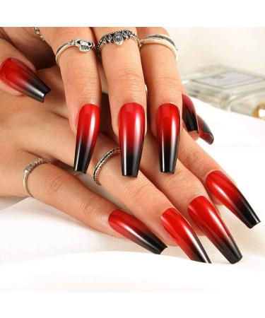 Outyua Halloween Red Black Press On Nails - Ombre Coffin Acrylic Designs for Women & Girls | 24Pcs Long Fake Nails - Buy Online on GoSupps.com