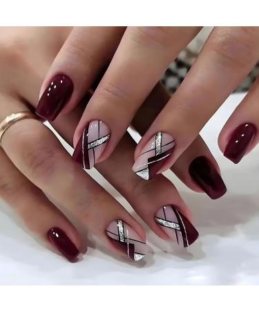 Press on Nails Short Square Fake Nails Wine red glittering pink line False Nails Gloss Reusable Press on Nails Designs Acrylic Nails Press on Artificial Nails Stick on Nails For Women Girls 24Pcs