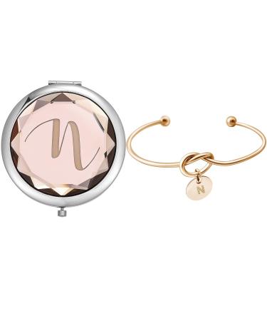 Deutrnew Compact Crystal Pocket Makeup Mirror Letter Mirrors Set Include 1 Letter Mirror 1 Letter Love Knot Bracelets for Bachelorette Party Bridesmaid Proposal Gift Wedding Party Gifts.(Champagne N)