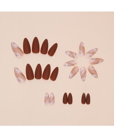 Medium Almond Press on Nails - Brown Matte with Gold Line Designs | 24PCS Full Cover Reusable Fake Nails for Women & Girls - Buy Online on GoSupps.com