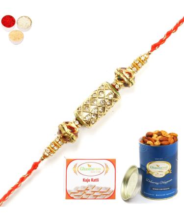 Ghasitaram Gifts Rakhi for Brother Rakhis Online - RM-579 PremiumRakhi with 100 GMS of Dryfruits Mix Can 200 GMS of Kaju katli Rakhi & 100g Dryfruits Mix Can 200g Kaju katli
