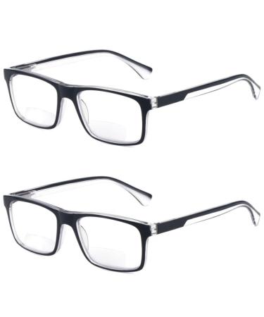 Missfive 2-Pack Light Bifocal Reading Glasses for Men Blue Light Blocking Near Far Dual-use Spring Hinge Readers Comfort Rectangle Eyewear Quality Lightweight Eyeglasses Black 2.0x